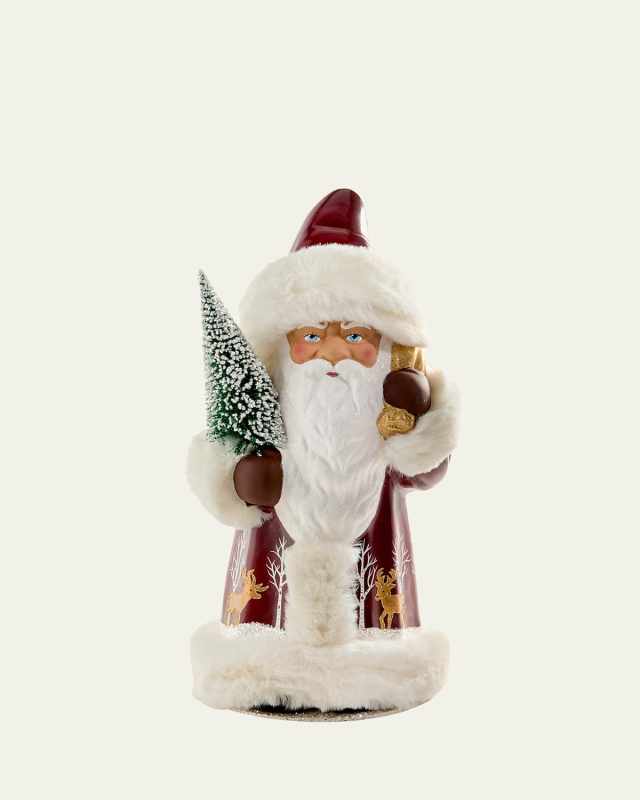 Burgundy Santa with Golden Deer & Faux Fur Figurine